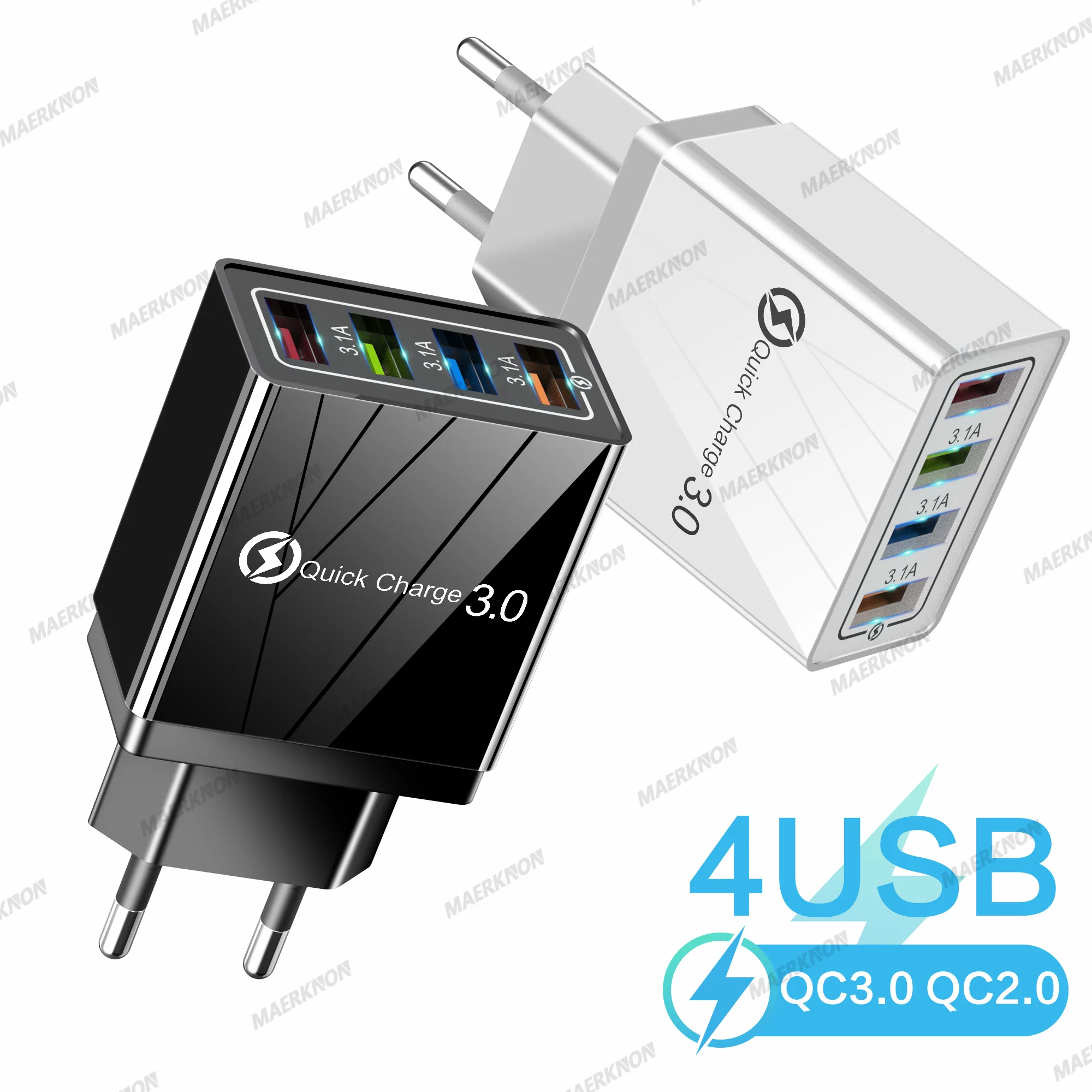 Carregador USB 3A Quick Charge 3.0 com 4 portas, carregamento rápido para celular, adaptador com plugue EU/US para iPhone, Samsung, Xiaomi, POCO