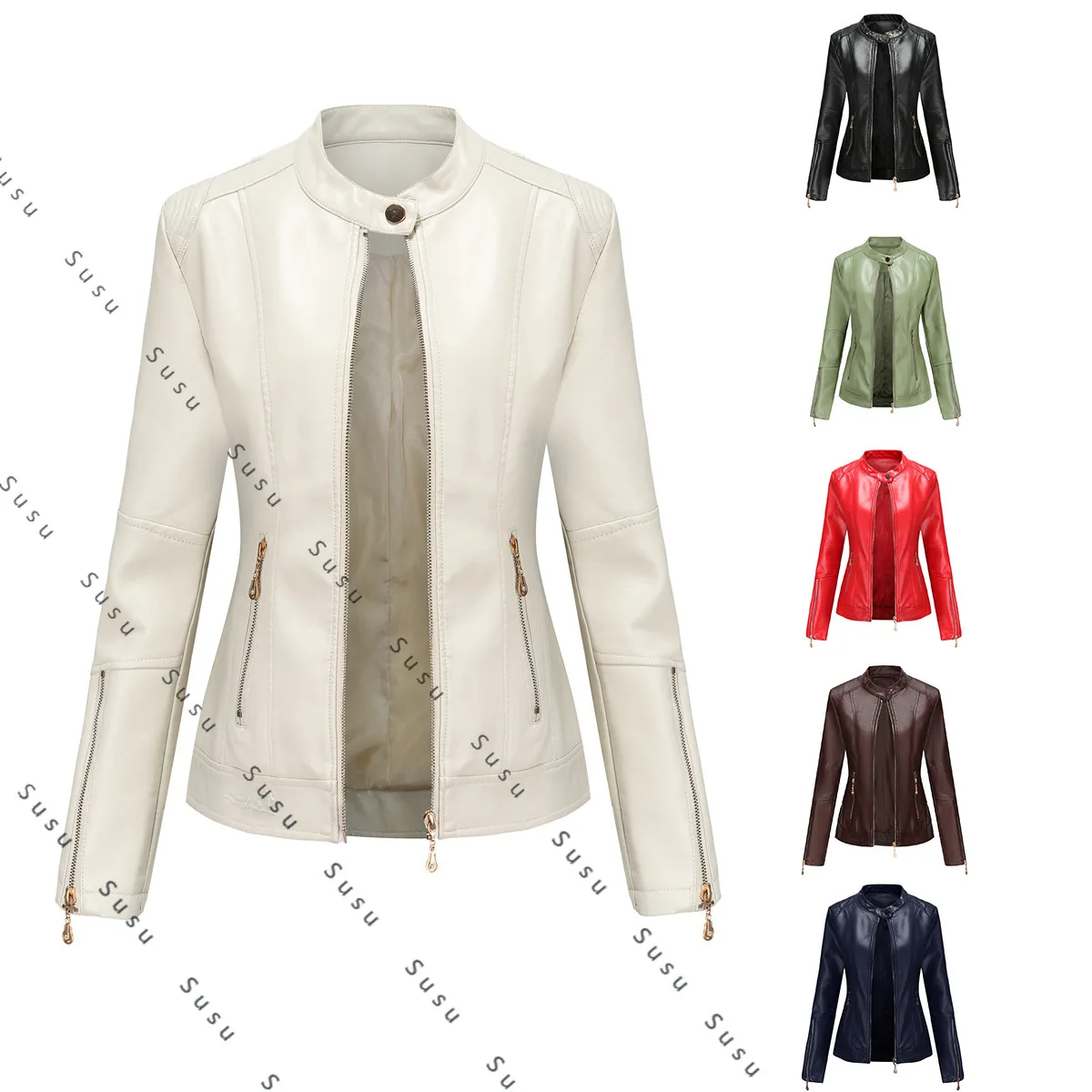 

2025 new fashion women's leather jacket PU leather short jacket stand-up collar jacket women's spring and autumn thin leather ja