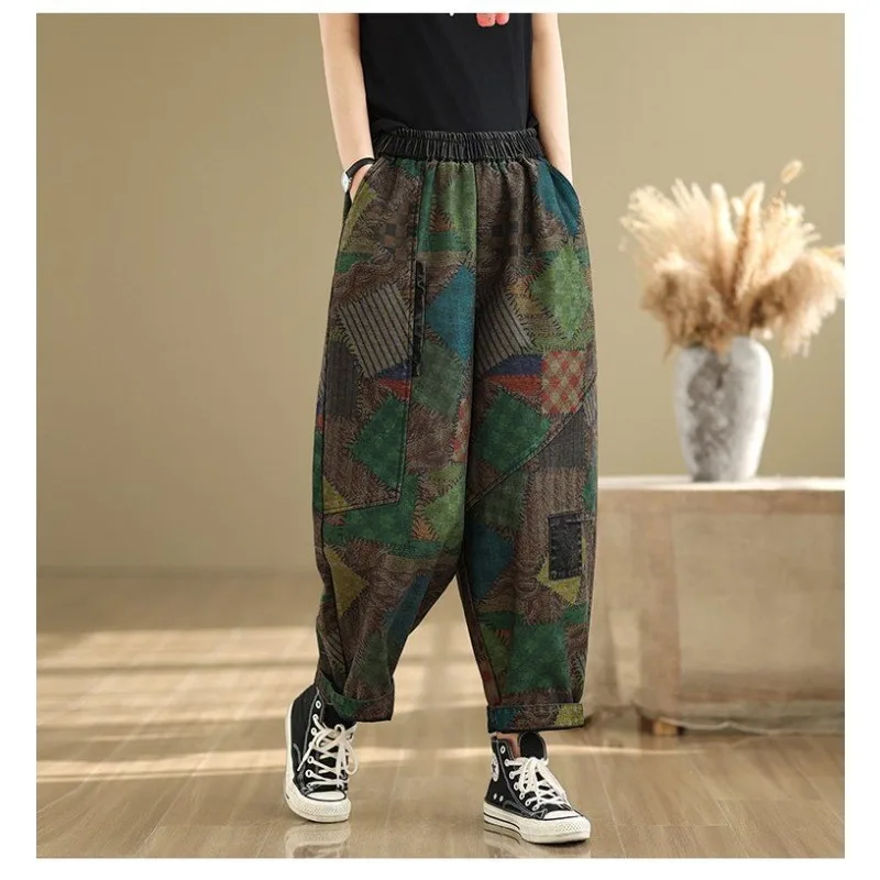

Женские повседневные брюки-шаровары в стиле Y2K с эластичным поясом и шнурком, свободного кроя, винтажные, с принтом в стиле пэчворк, больших размеров, для повседневной носки