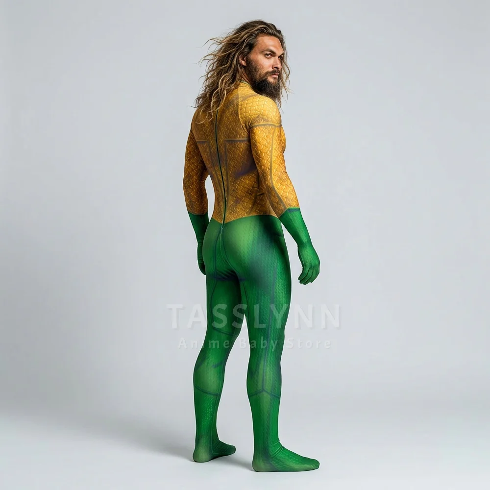 Arthur Curry Cosplay Zentai Bodysuit, Scale Muscle Print Jumpsuit  Foot Covers, Men Superhero Costume for Halloween Comic Con view 4