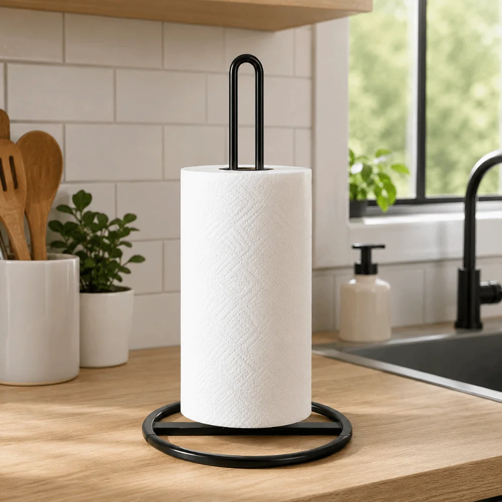 New Steel Paper Towel Holder Matte Black Easy to Use Paper Dispenser Standing Design Sturdy Papertowel Holder Desktop Use