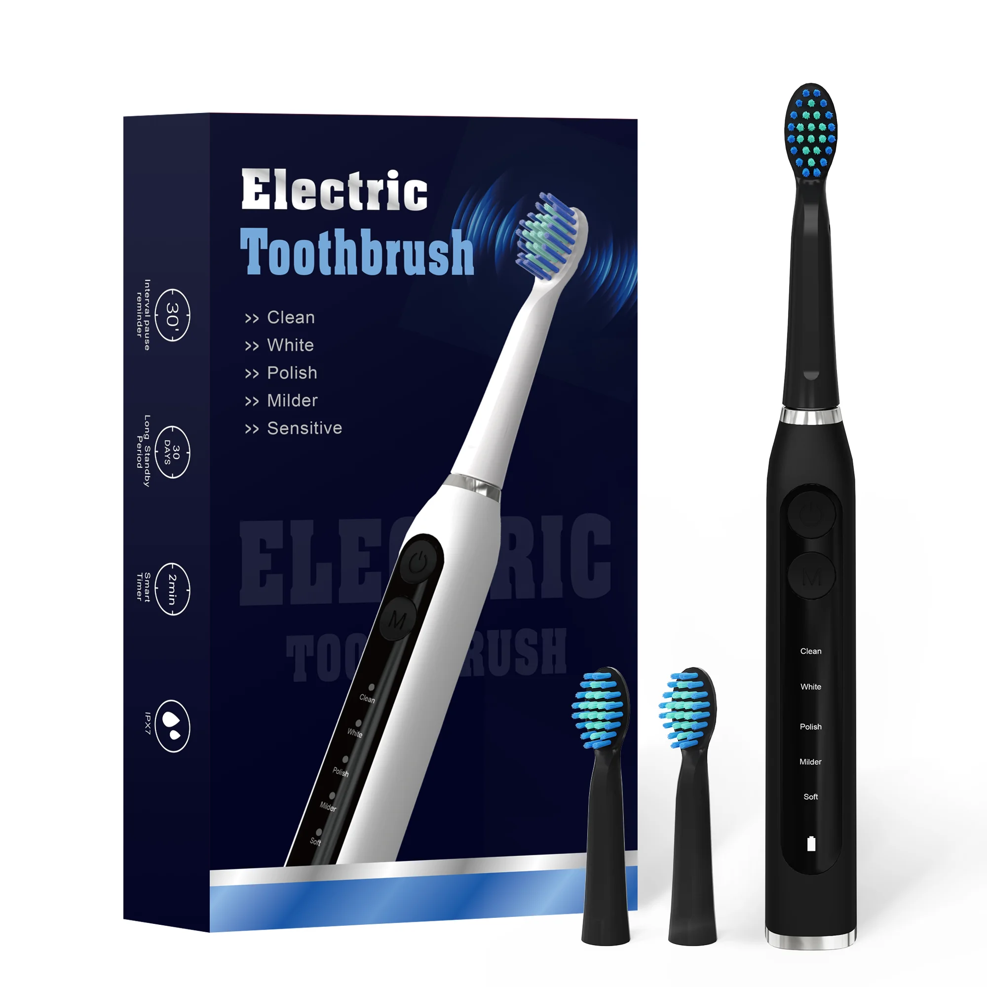 

USB Rechargeable Electric Toothbrush Adults Portable Travel Toothbrush 2 Brush Heads 5 Operating Modes