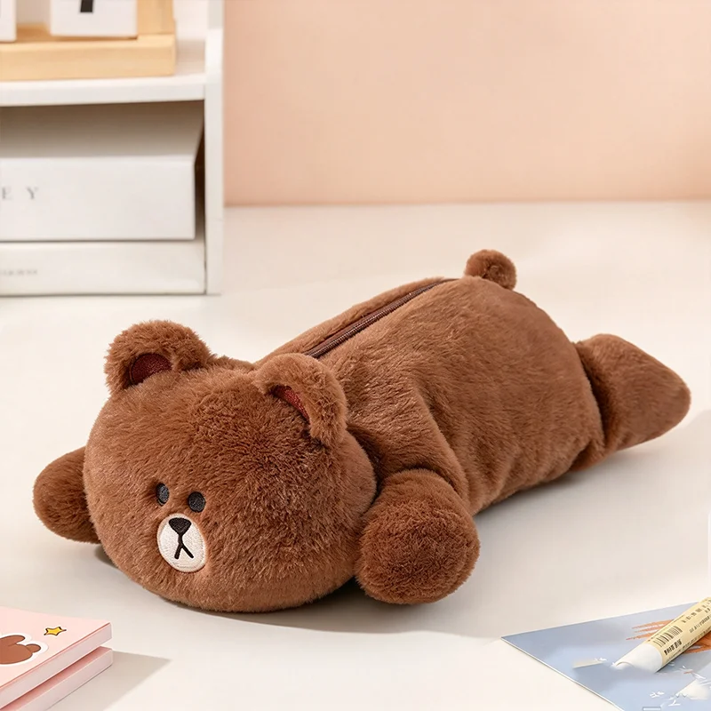 Brown Bear Plush Pencil Case Large Capacity Zipper Stationery Bag Soft Fluffy Cartoon Pen Pouch School Office Supplies Storage