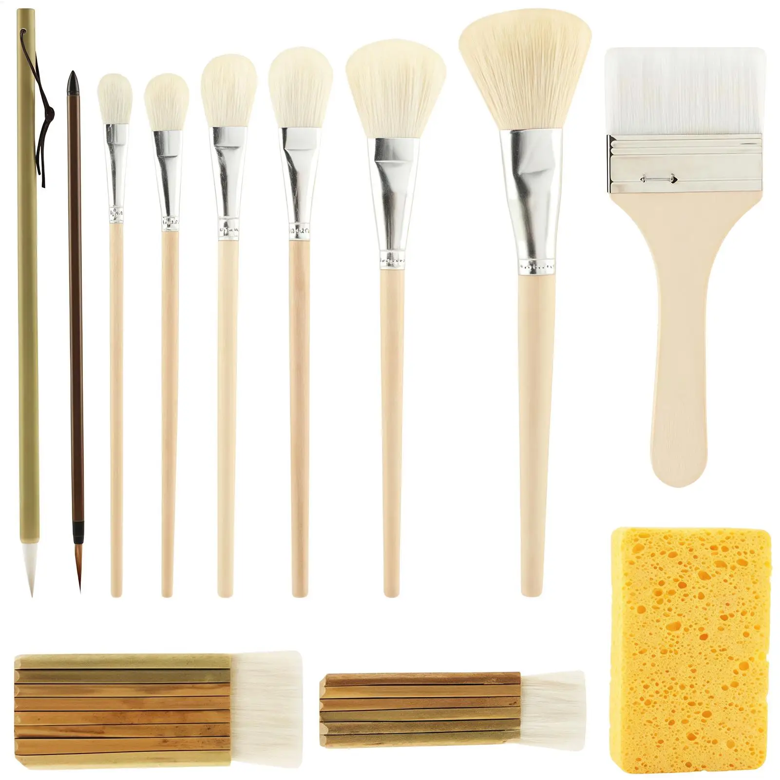 Pottery Glaze Brushes 12-Piece Wooden Handle Professional Glazing Art Paint Brushes For Home Studio School Workshop Ceramic Clay