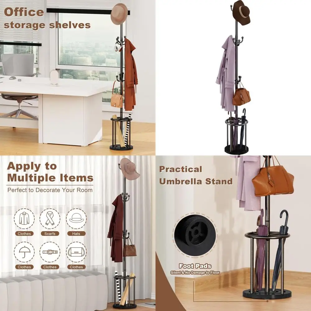 

Напольная вешалка для одежды с подставкой для зонтов и 12 крючками для дома и офиса - черная