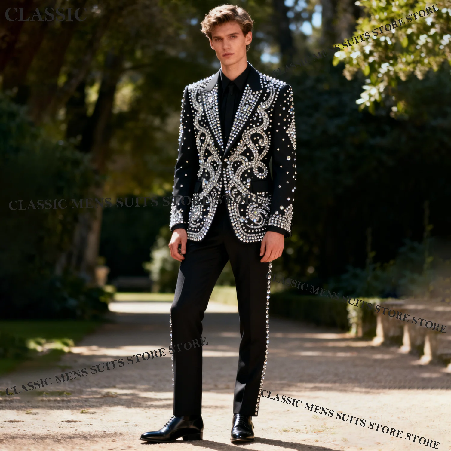 

Glitter Customized Metallic Jewelry Ornament Tuxedo Men Suits 2 Piece Wedding Groom Male Prom Blazer Slim Party Ternos Completo