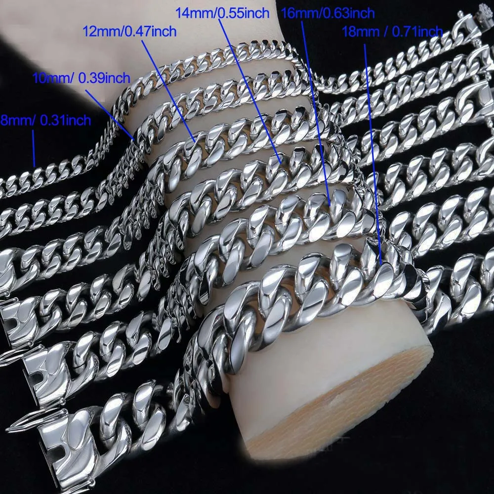 Top Quality Stainless Steel Miami Curb Cuban Chain Bracelet Hip hop Rocker Women Mens Jewelry 8/10/12/14mm