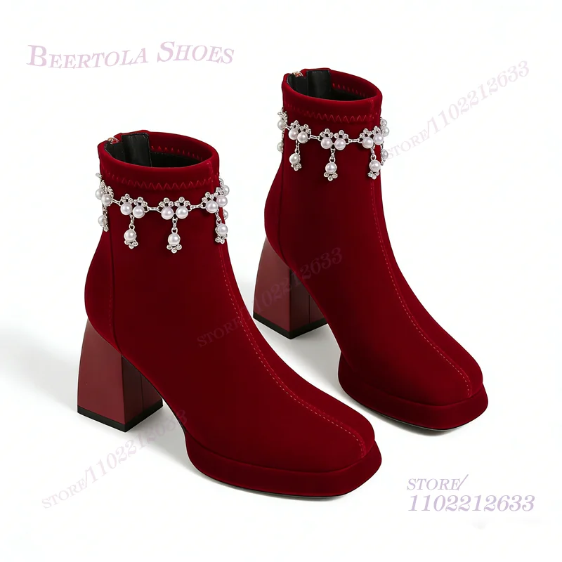 

Dark Burgundy Velvet Ankle Tassel Crystal Booties Women Chunky Heels Red Square Toe Back Zipper Ruffled Patchwork Girls Shoes