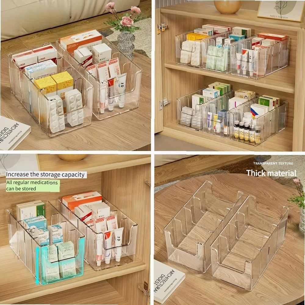 

Transparent Medicine Storage Box with Dividers | Desktop Pill Organizer, 4-Compartment Makeup Storage Rack & First Aid Box