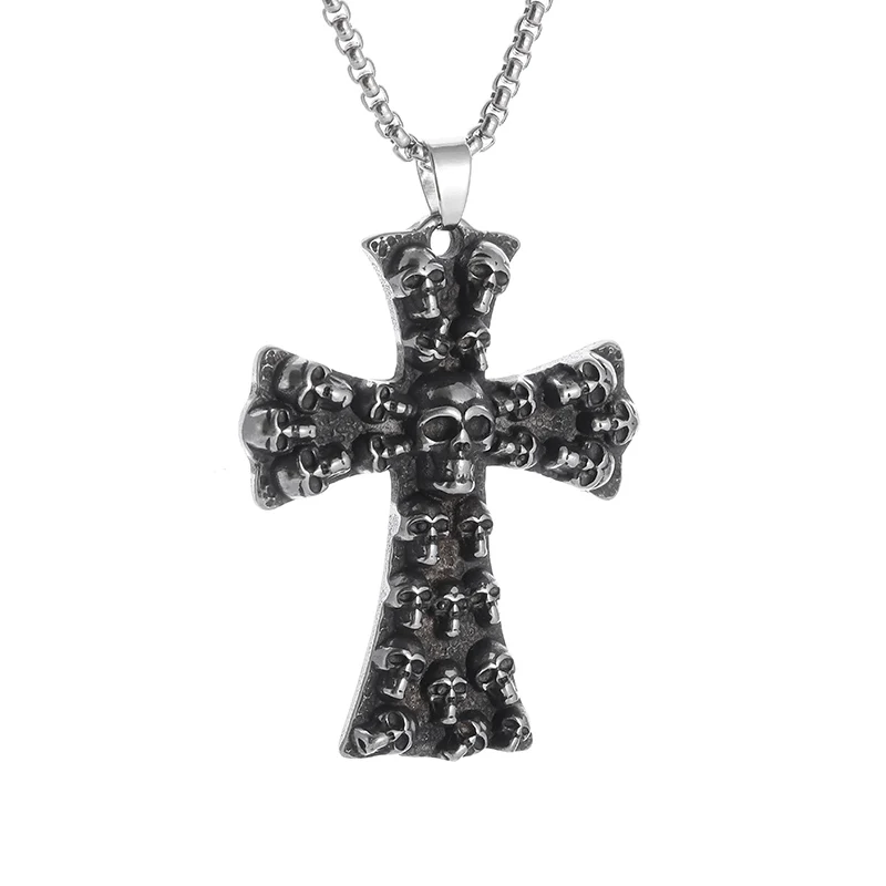 Fashion Gothic Skull Push Up Cross Pendant Stainless Steel Necklace Men\'s/Women\'s Halloween Party Punk Jewelry Gifts