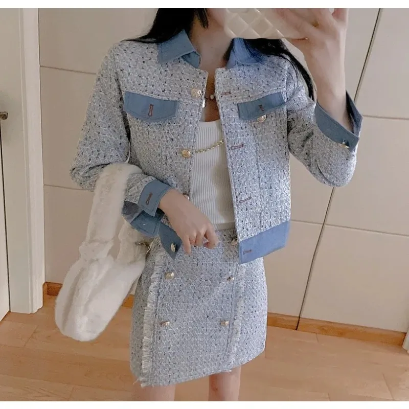 

UNXX Small Fragrance Tweed Suit Jacket Coat Half Skirt Set Vintage Denim Contrast Panel Tweed Coats + Skirt Two Piece Set Women