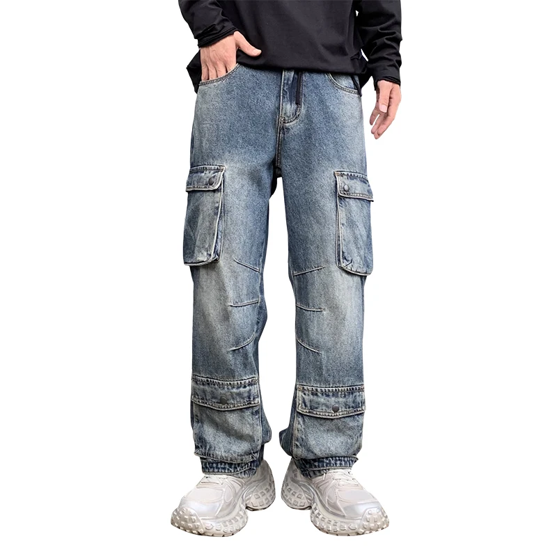 Jeans de motociclista high-end masculino com bolsos grandes, calça reta de trabalho, solta, de pernas largas, outono, rua alta, gangster, bonito