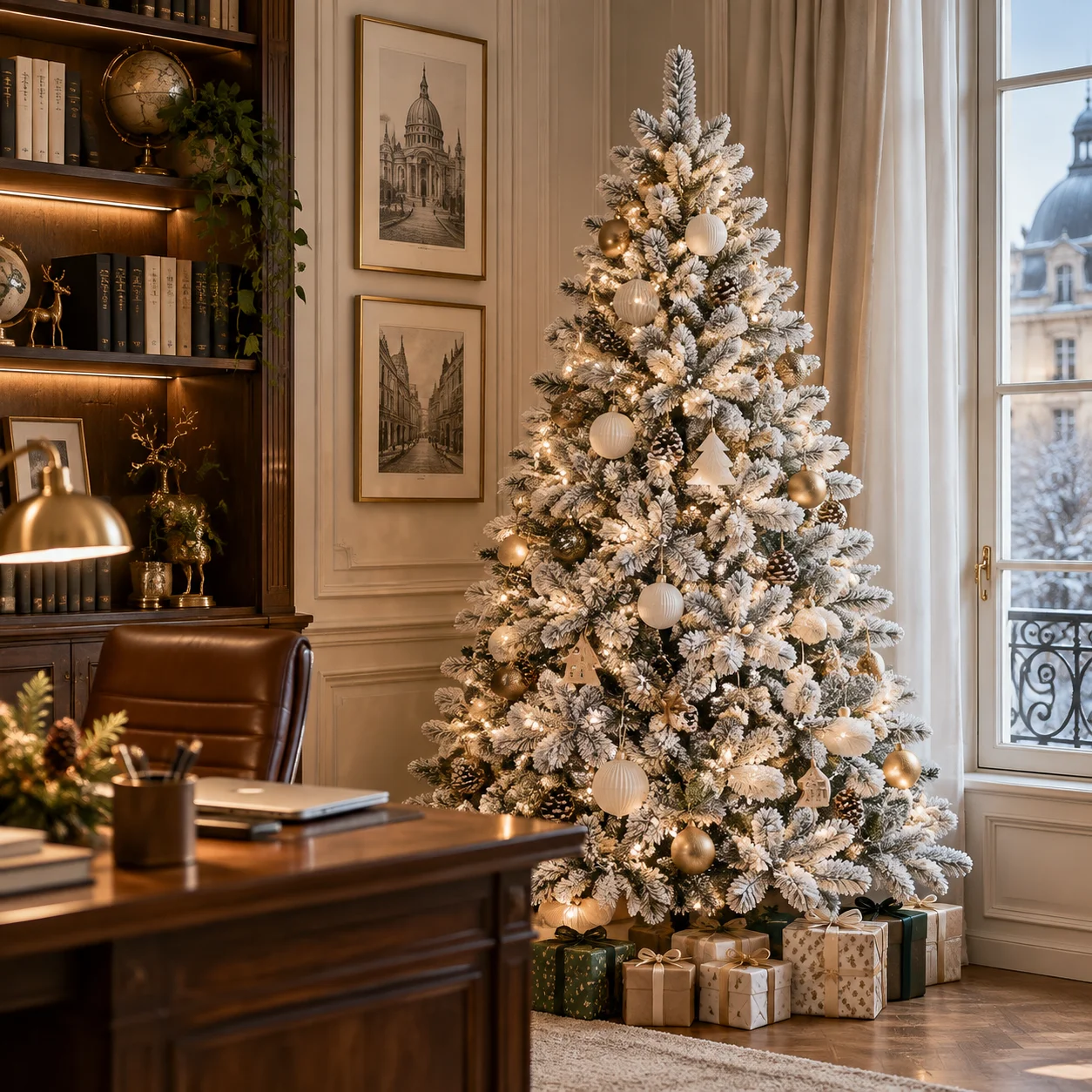 Albero di Natale con 1488 punte in PE e PVC, rami di pino, 86 pigne, 500 luci a LED, base da 155 cm, altezza 235 cm, albero di Natale artificiale innevato per decorazioni festive.