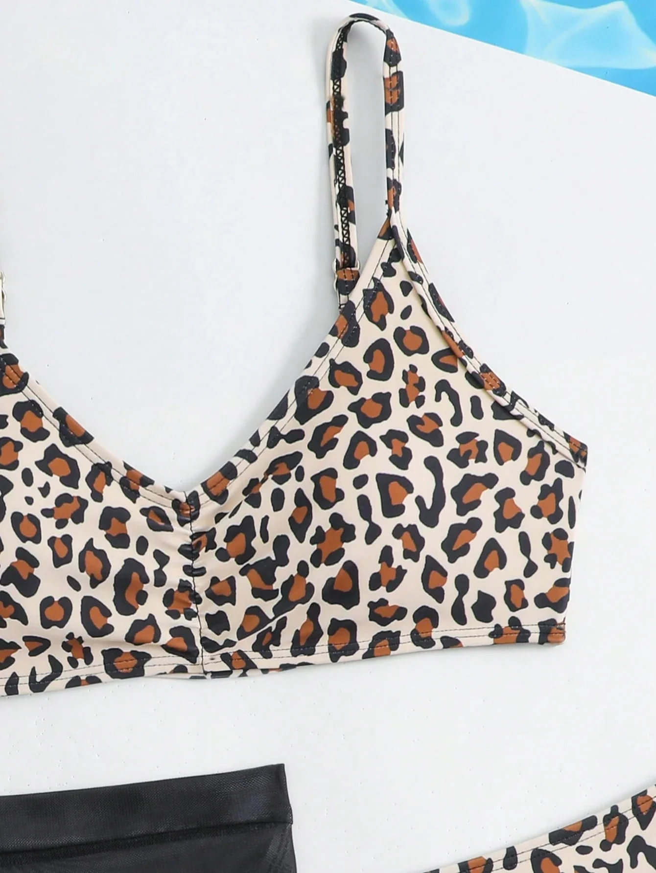 

Leopard Print Spaghetti Strap Bikini Set With Black Sheer Cover Up