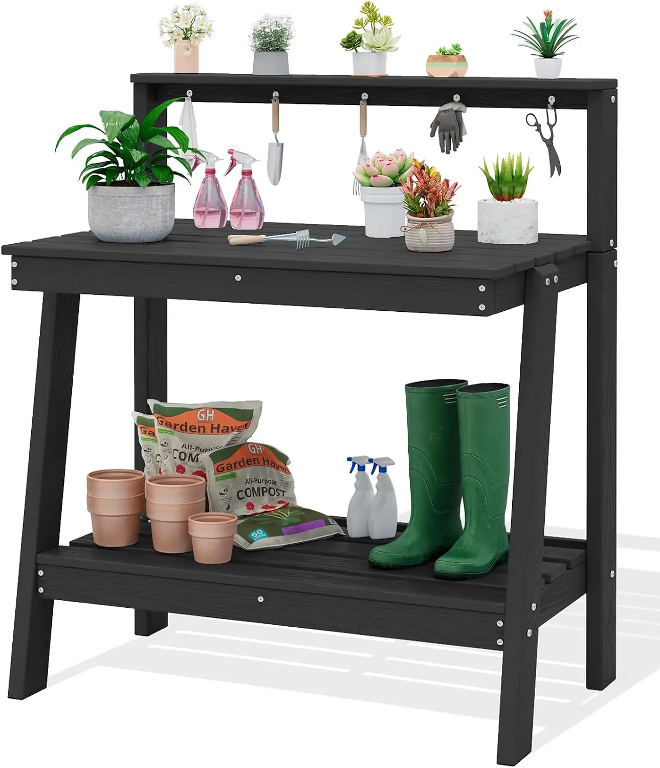 3‑Tier Outdoor Gardening Potting Bench with Storage, Waterproof HDPE Structure, Spacious Work Surface, Angled Legs and Tool Hooks, Black for Backyard Garden Use