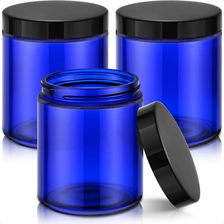 

8oz Glass Jars with Lids 3 Pack Candle Jars with Blank Labels 250g Blue Wide Mouth Cosmetic Containers for Sample Cream Lotion
