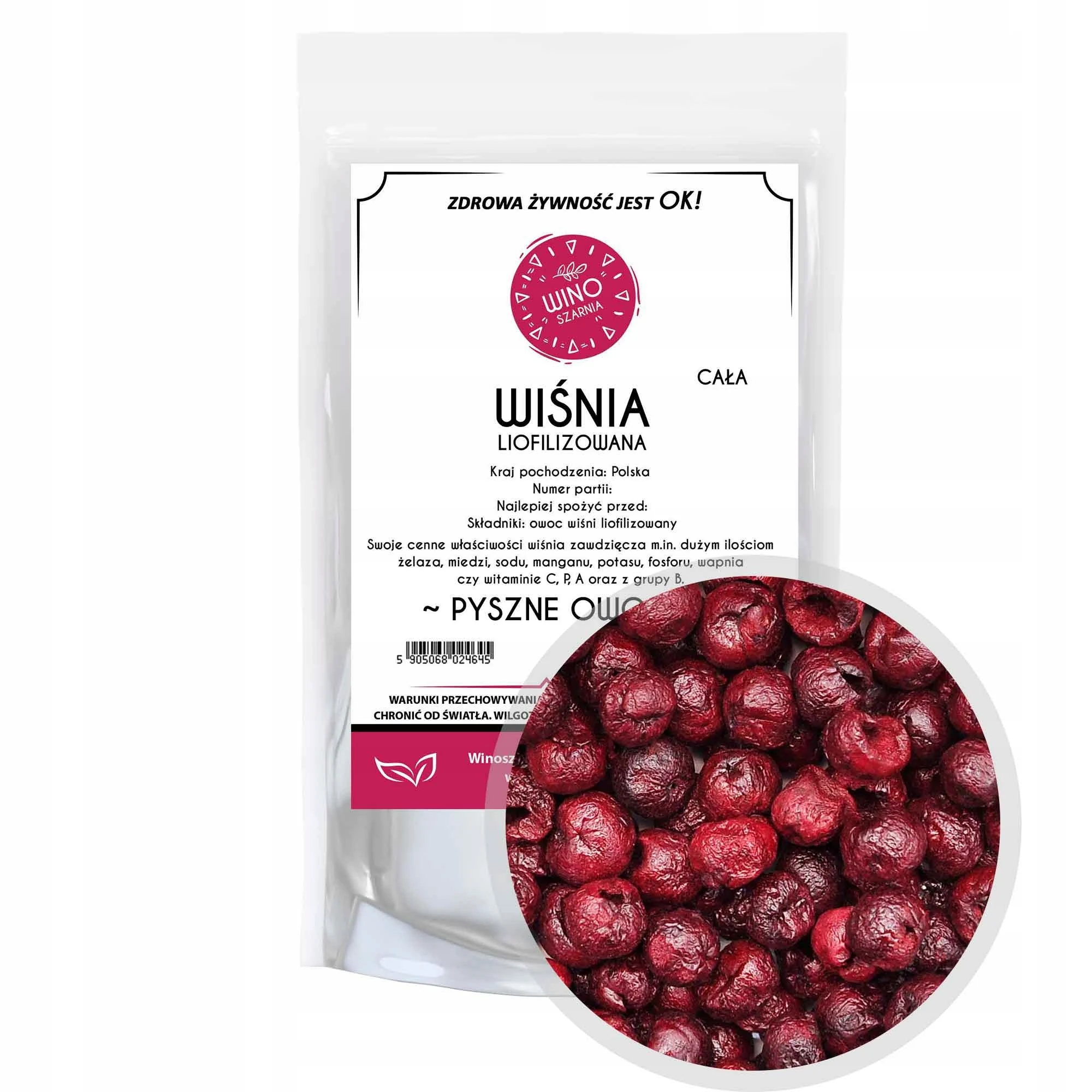 Wiśnia cała liofilizowana pyszne owoce - 50g