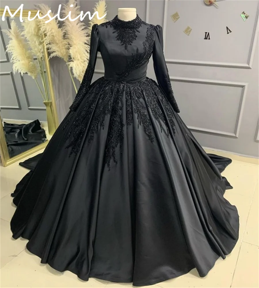 Luxo Preto Vestidos De Casamento Muçulmano, Elegante Manga Longa, Vestido De Noiva Gótico, Renda Frisada, Linha A, Vestido De Noiva Da Igreja, Romântico, 2025