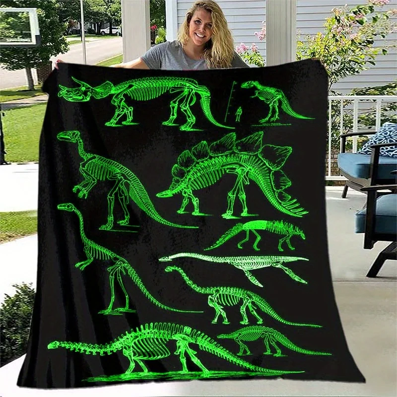 Dinosaur Skeleton Glow in Dark Green Print Flannel Blanket Kids Gift Educational Soft Throw