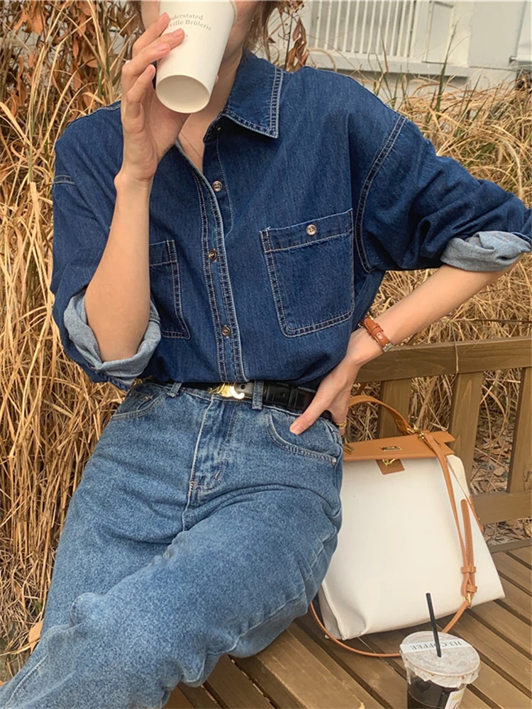 BL9805 New 2024 Korean Fashion Denim Office Lady Female Oversized Wild Women Blouses Shirts Spring Vintage Elegant Lady Tops