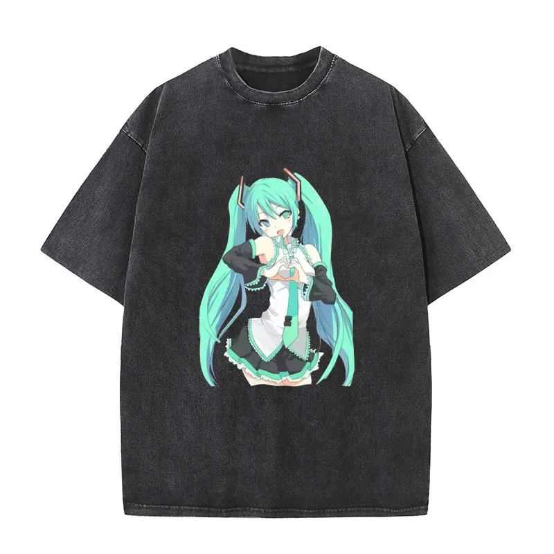 

Hatsune Miku аниме футболки для мужчин и женщин манга винтажная футболка из чистого хлопка с круглым вырезом футболки с короткими рукавами одежда больших размеров
