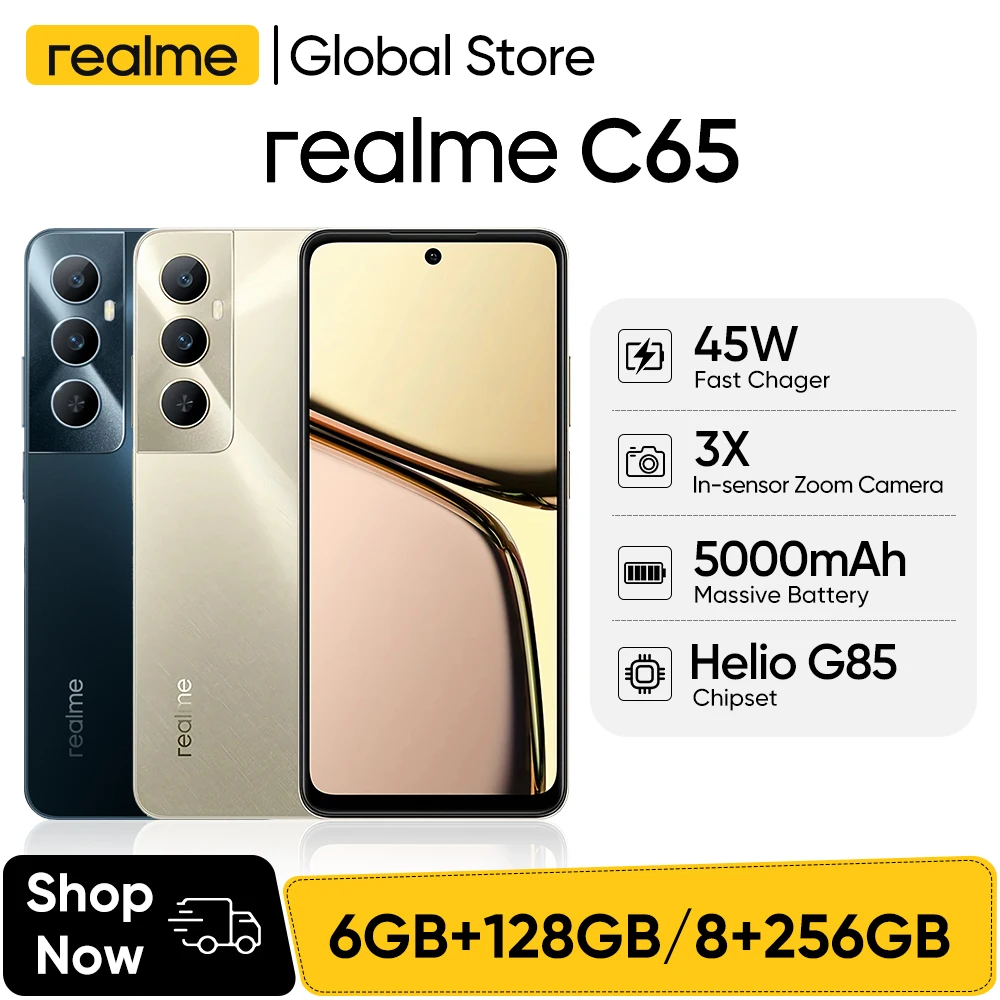 Realme C65 6.67 ''عرض كبير لفتات الهواء NFC الهاتف الذكي 50MP AI كاميرا 45 واط SUPERVOOC تهمة 5000mAh Helio G85 7.46 مللي متر الجسم