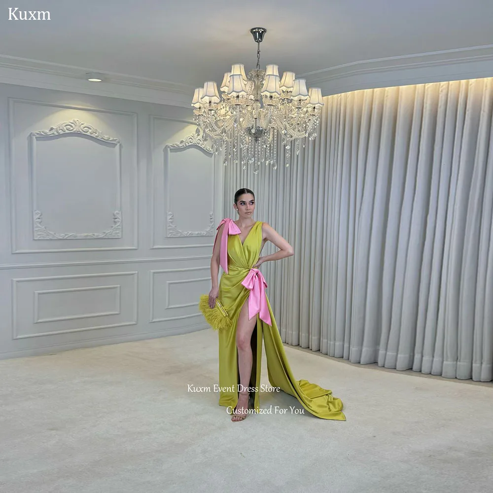 Kuxm Deep V Neck Mermaid Evening Dress Spaghetti Strap Satin Wedding Guest Gown Elegant Bow High Slit Robe De Soirée Customized