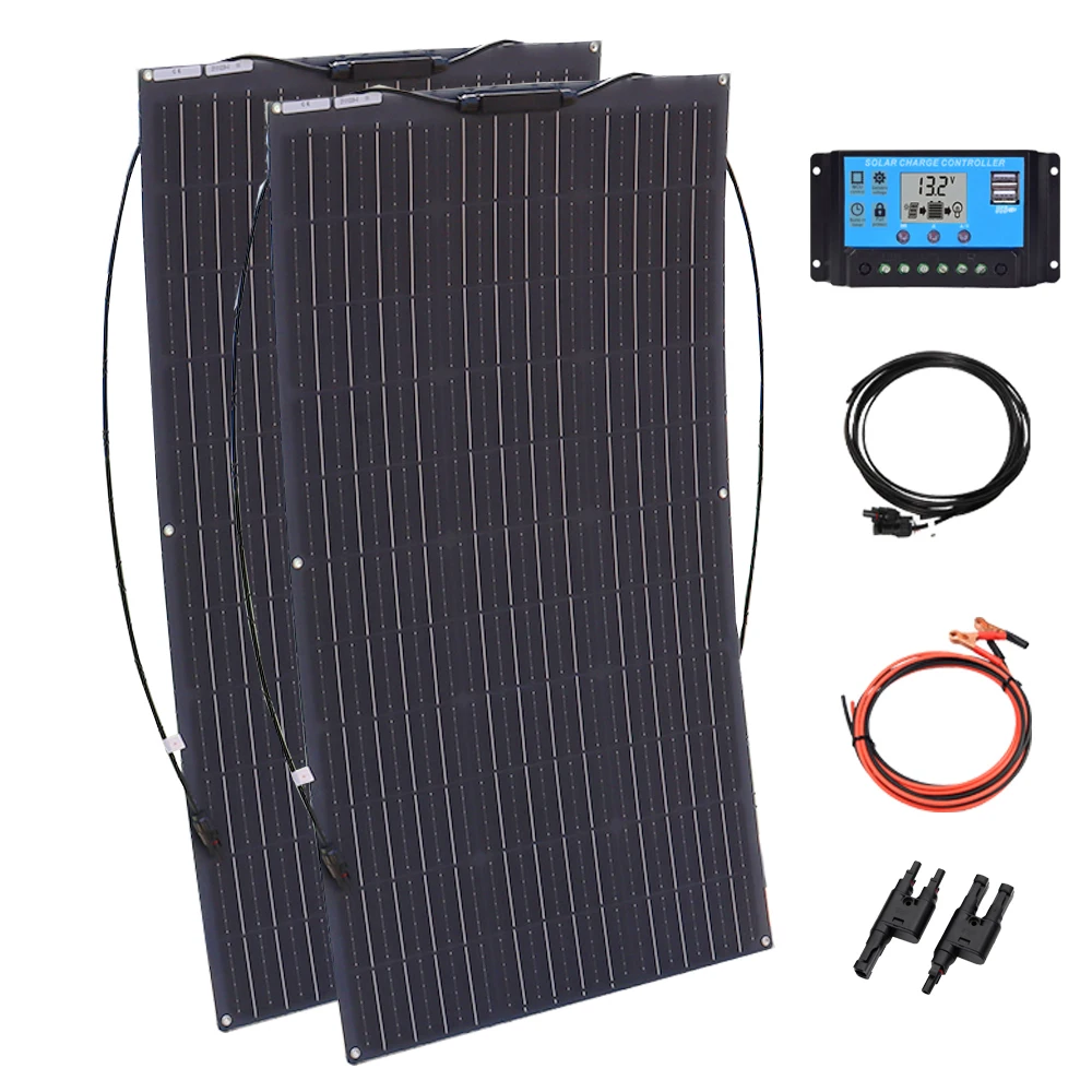 200W off-grid solar panel, 12V photovoltaic kit; semi-flexible and lightweight, easy to install, charges the battery（2x100W)