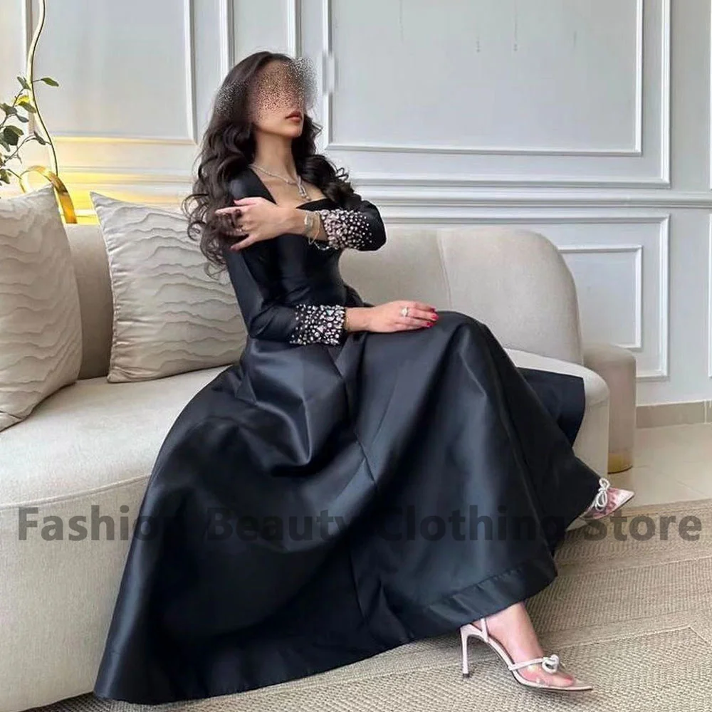 Beautiful Satin Evening Dress Square Neck Long Sleeves Crystal BeadedSaudi Arabian Women\'s A-Line Ankle-Length Vestidos De Gala