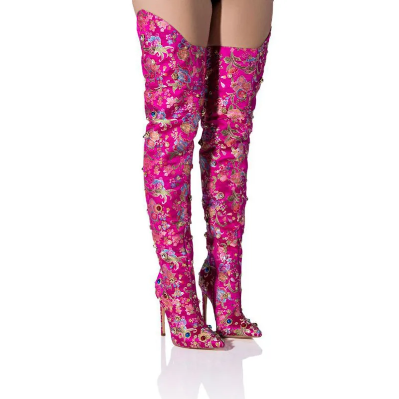 Luxury Folk Flowers Satin with Gem Rhinestone Over Knee Boots High Heels Multicolor Jewel Fuchsia Thigh Boots Women Stage Boots