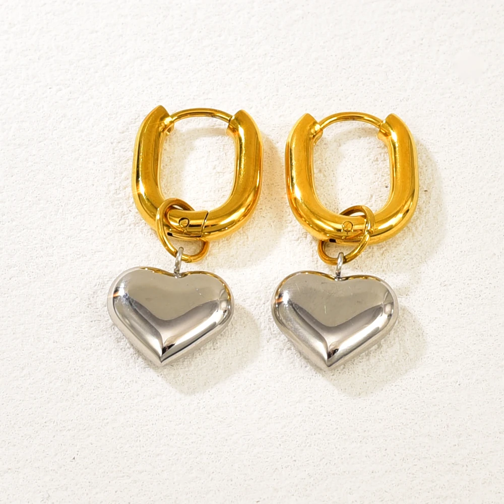 E74 Cross-border European Style Elegant Personality Earrings - Stainless Steel 18K Gold Heart-Style Composite Drop Earrings