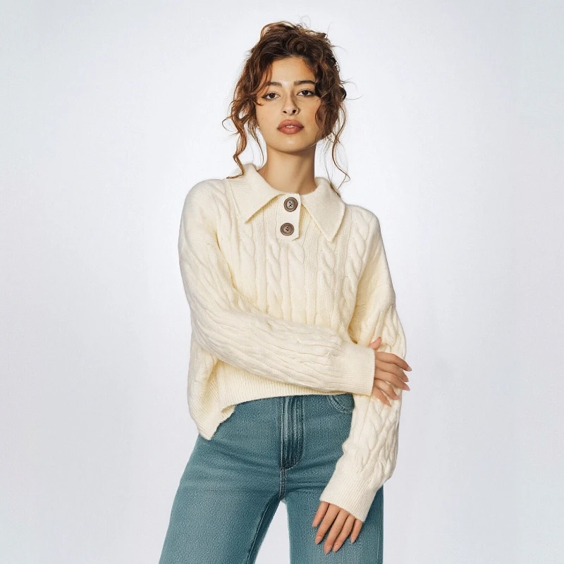 

Короткий однотонный отложной воротник, женский вязаный пуловер с жареным тестом, топы, осень-зима, свободный корейский повседневный свитер, новый