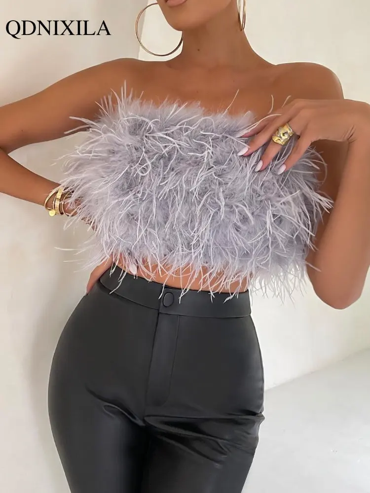 Crop Top Women Flat Collar Sexy Outfit Body Lingerie Strapless Sleeveless Top Feather Short Aesthetic Corset for Women Bodysuit