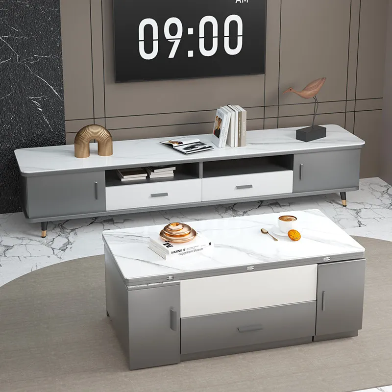 Multifunctional lifting coffee table dining table household living room folding table with tea set integrated rock slab kung fu