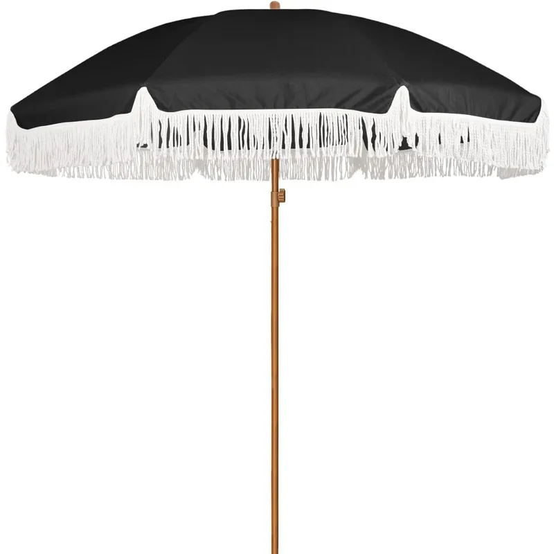 7ft Patio Umbrella with Fringe Outdoor Tassel Umbrella UPF50+ Wood Color Steel Pole and Steel Ribs Push Button Tilt