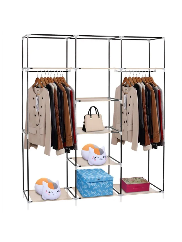 

69" Portable Clothes Closet Non-Woven Fabric Wardrobe Double Rod Storage Organizer Beige