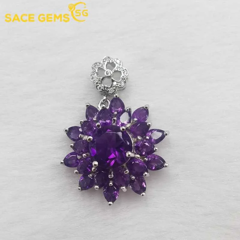 SACE GEMS Luxury Pendant for Women 925 Sterling Silver 8*8mm Natual Amethyst Pendant Necklace Wedding Party Fine Jewelry Gifts