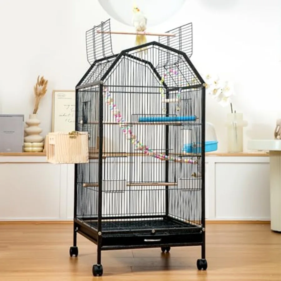 

40inch Open-Top Bird Cage with Rolling Wheels for Parrots Cockatiels Conure Budgie Canary Sturdy Iron Large Pet Bird Flight Cag