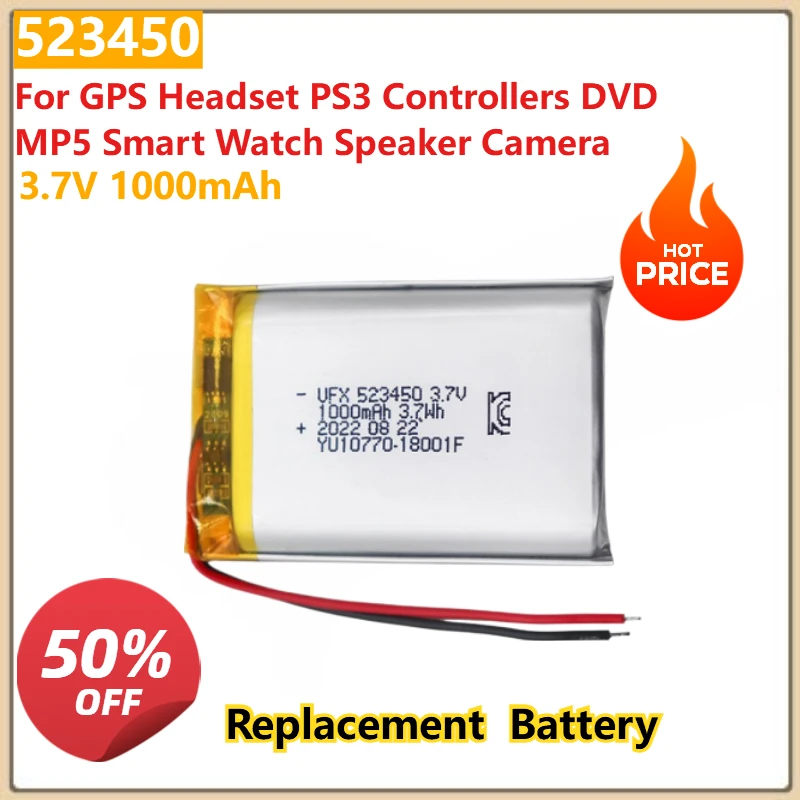 

For GPS Headset PS3 Controllers DVD MP5 Smart Watch Speaker Camera Lithium Polymer Battery PH2.0 1000mAh 3.7V 523450