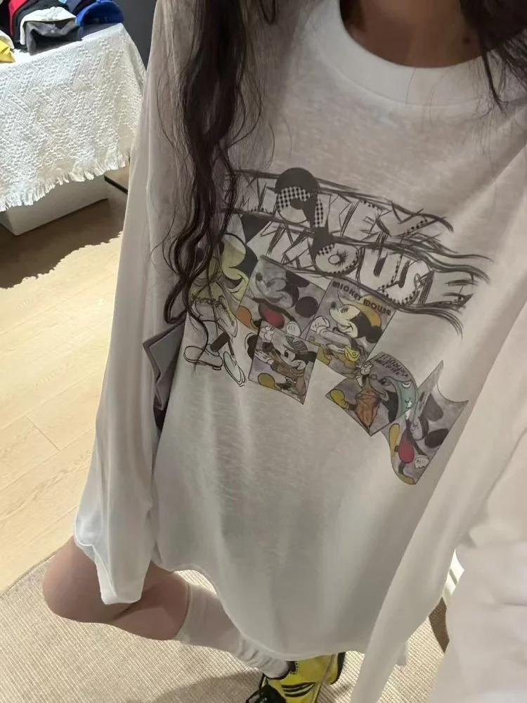 루즈핏 여성용 긴팔 티셔츠 여름 신상 한국 스타일 동대문 만화 프린트 자외선 차단 상의