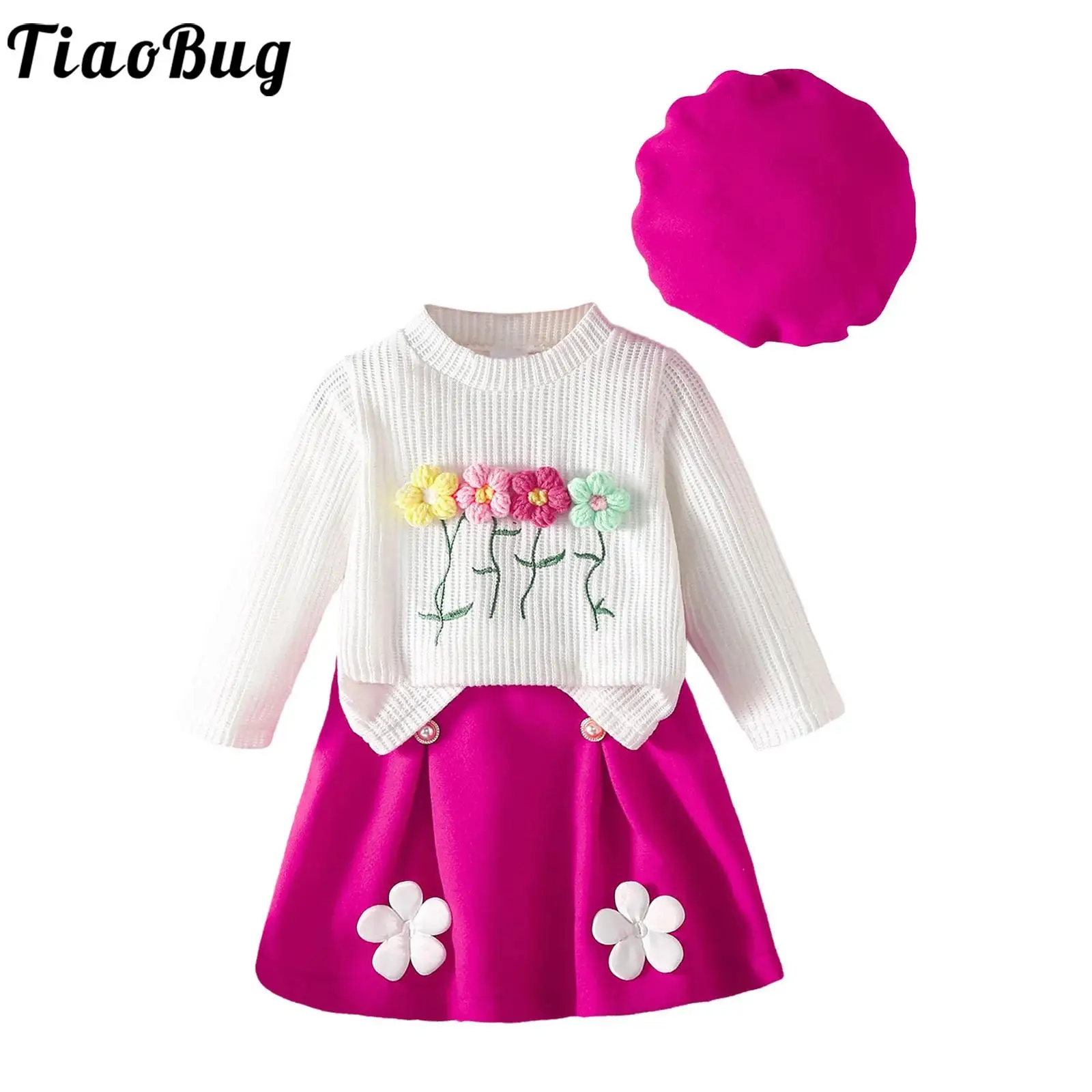 

Toddler Baby Girls Clothes Cute 3D Flowers Long Sleeve Shirt Tops with Ruffled Skirt Hat Children Casual Spring Autumn Outfits