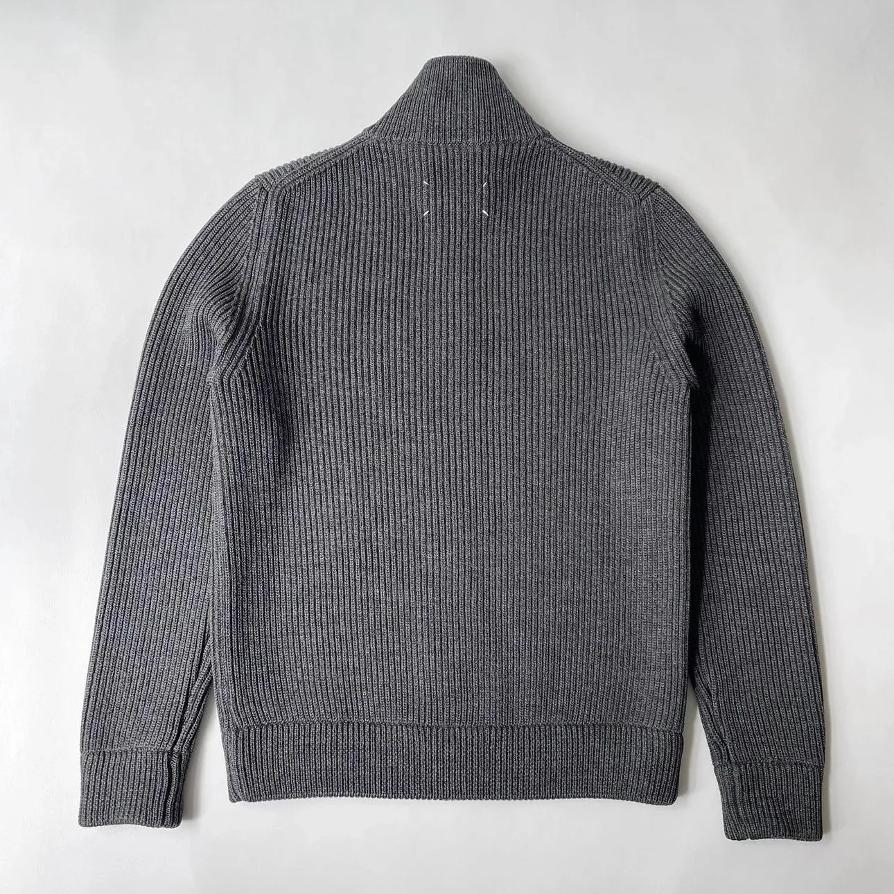 Hand Sewn Four Cornered Gray High Neck Stand Up Collar Wool Double Zipper Knitted Cardigan Sweater Jacket for Men