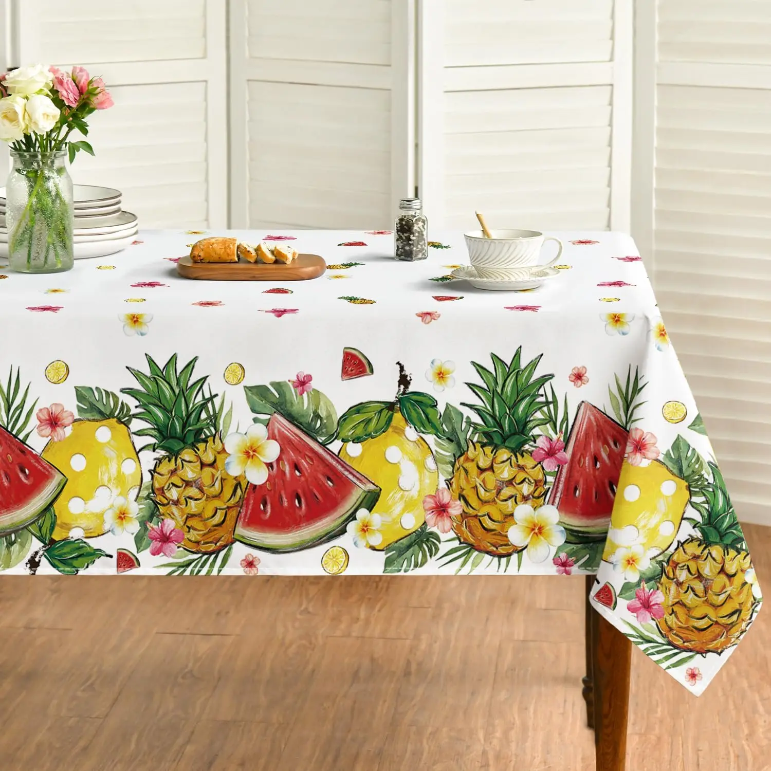 Summer Watermelon Lemon Pineapple Floral Print Tablecloth Party Decor Watercolor Fruits Flowers Dining Table Cloth Wedding Decor