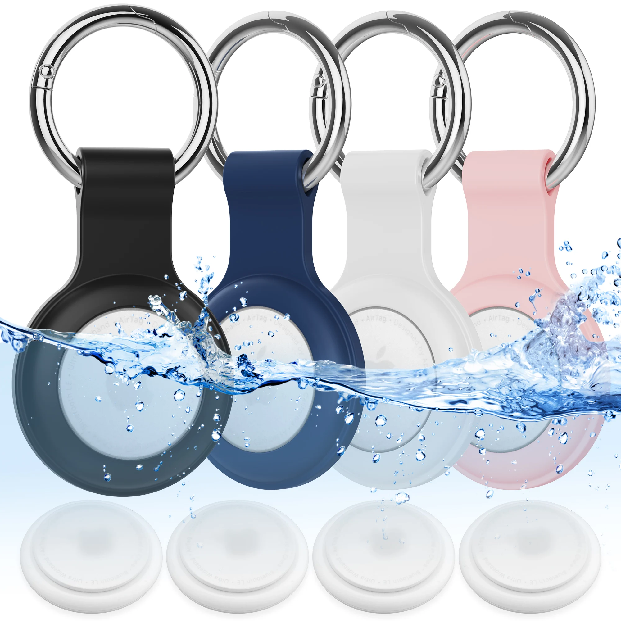 4 عبوات لحافظة AirTag من السيليكون، حامل علامة هوائية ممتص للصدمات لهاتف Apple AirTags، حافظة سلسلة مفاتيح، مشبك حلقة مفاتيح