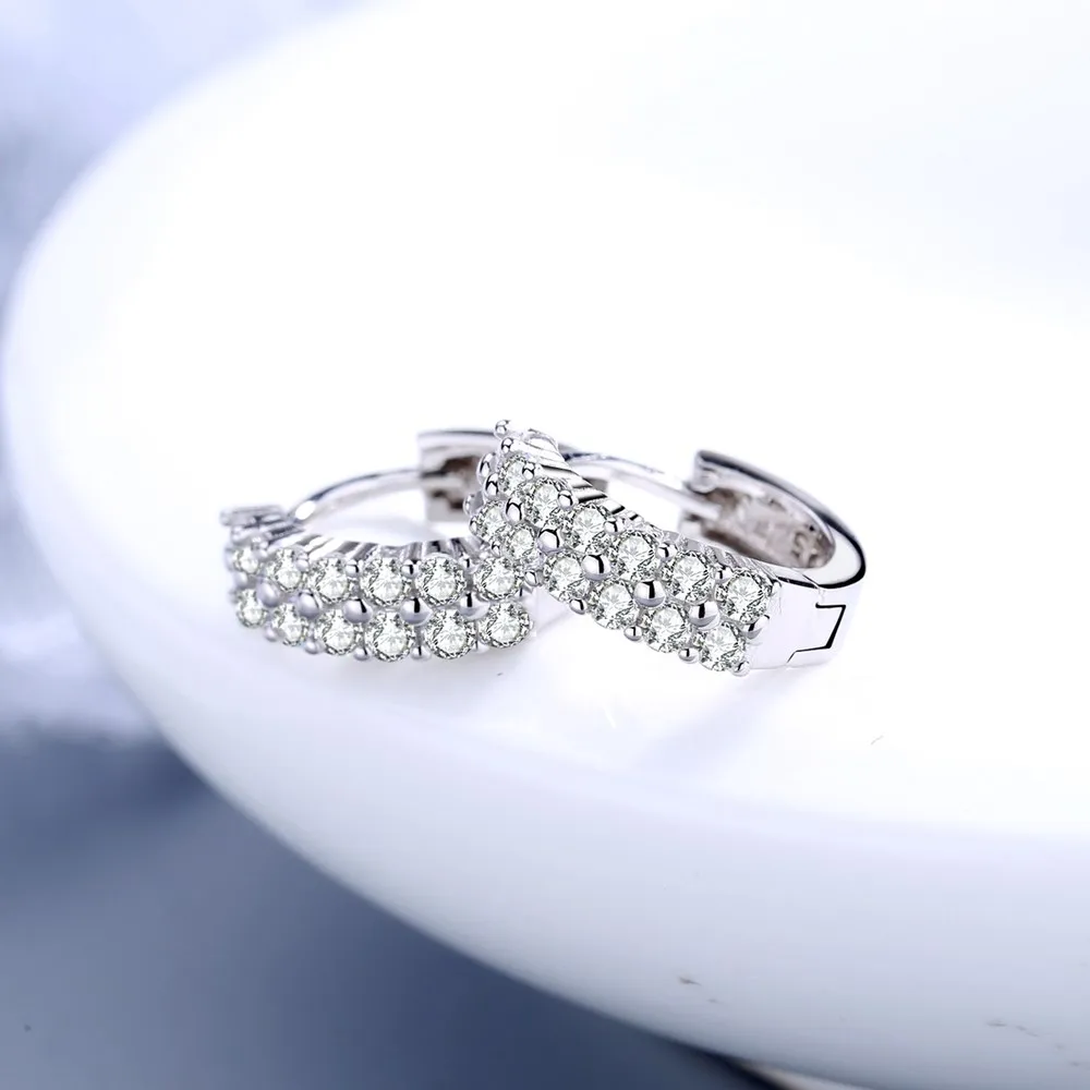 New 925 Sterling silver elegant Double row crystal Round Earrings Stud for women Fashion Wedding accessories Jewelry