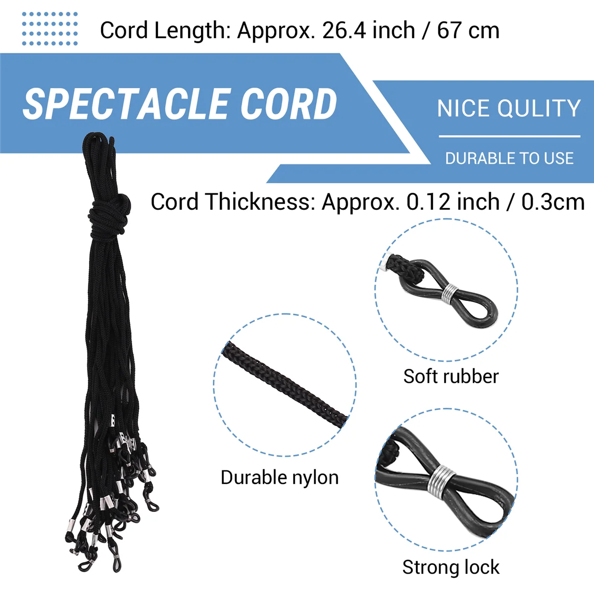 RIRI 12pcs Nylon Eyeglass/Spectacle/Sunglass/Eyewear Cord Holder Neck String---Black