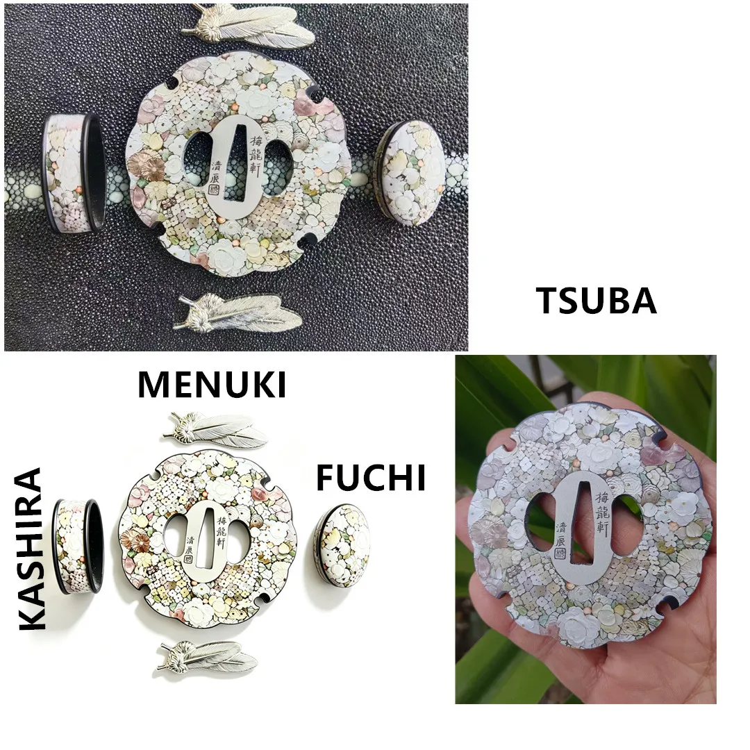 Iron Steel Tsuba Alloy Fuchi Kashira Menuki Set, Hand Painted Floral Pattern Guard Fittings F Japanese Katana Sword Accessories