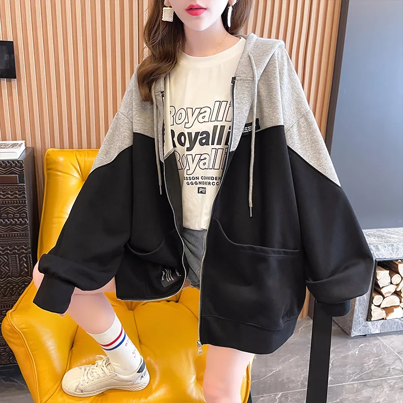 Women Harajuku Streetwear Casual Long Sleeve Korean Fleece Contrast Color Oversize Female Hooded Sweatshirts Zipper Hoodie Coats