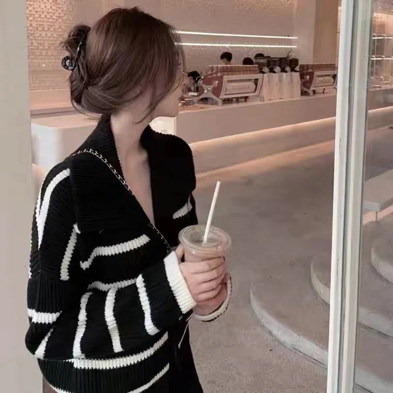 

Корейский модный полосатый вязаный открытый кардиган, женский весенне-осенний новый японский ленивый ретро цветной свитер Blo, модный