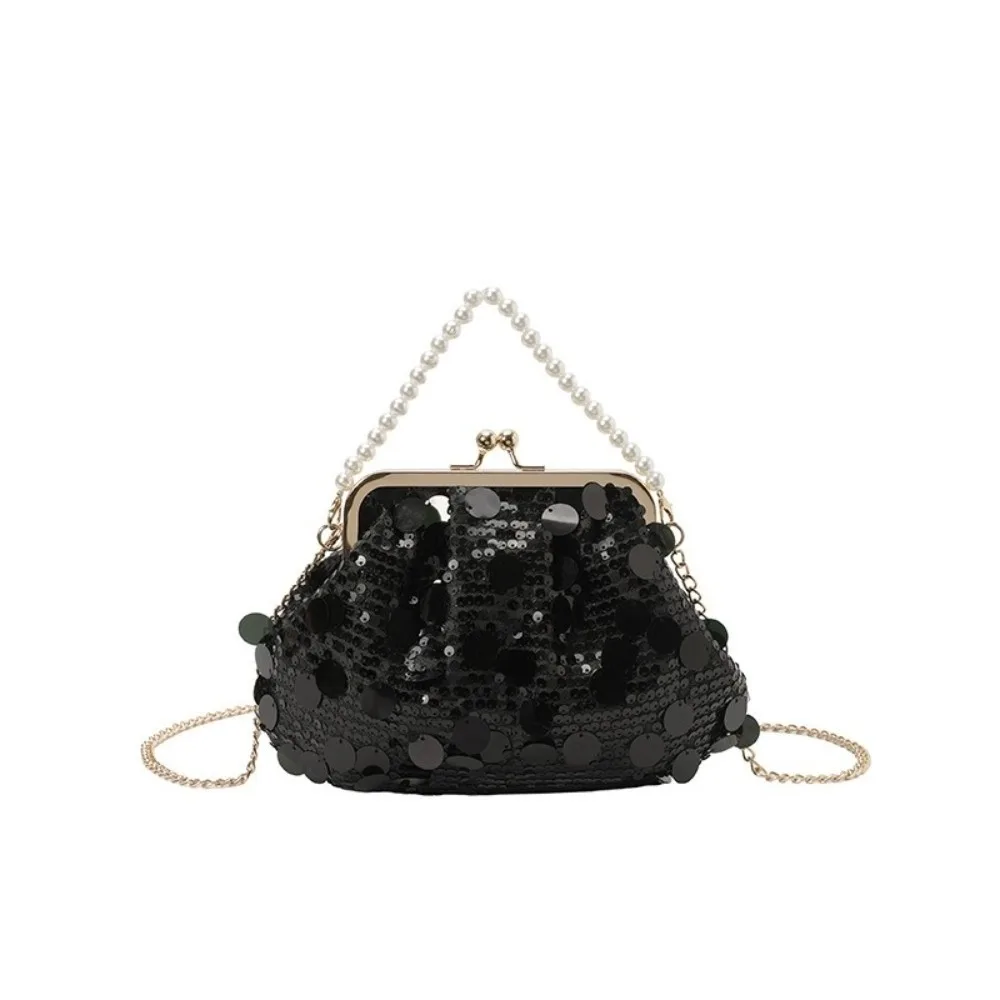 Shiny Evening Banquet Bag Glitter Lock Buckle Chain Crossbody Bag with Round Handle Single Shoulder Sequin Shoulder Bag Wedding
